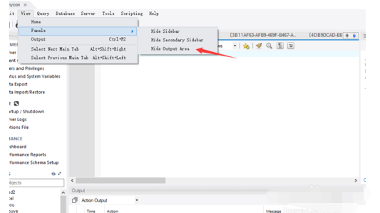 mysql workbench隐藏output栏的操作教程截图