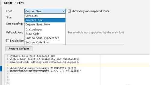 pycharm设置fonts的操作教程截图