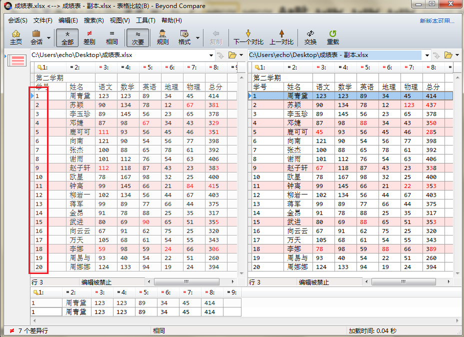 Beyond Compare表格比较进行数据排序的具体操作步骤截图